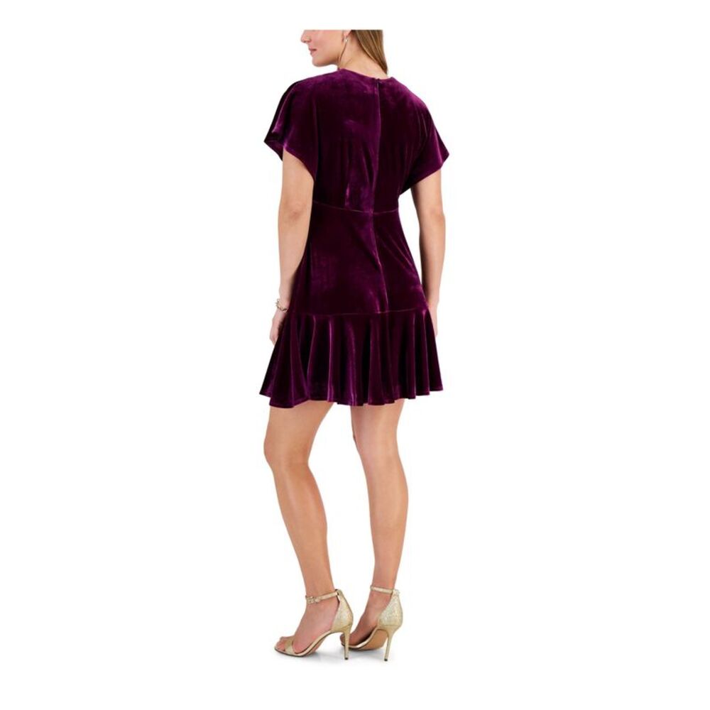TAYLOR Womens Purple Lined Flounce Hem Flutter Sleeve Short Dress Petites 10P - Picture 2 of 4